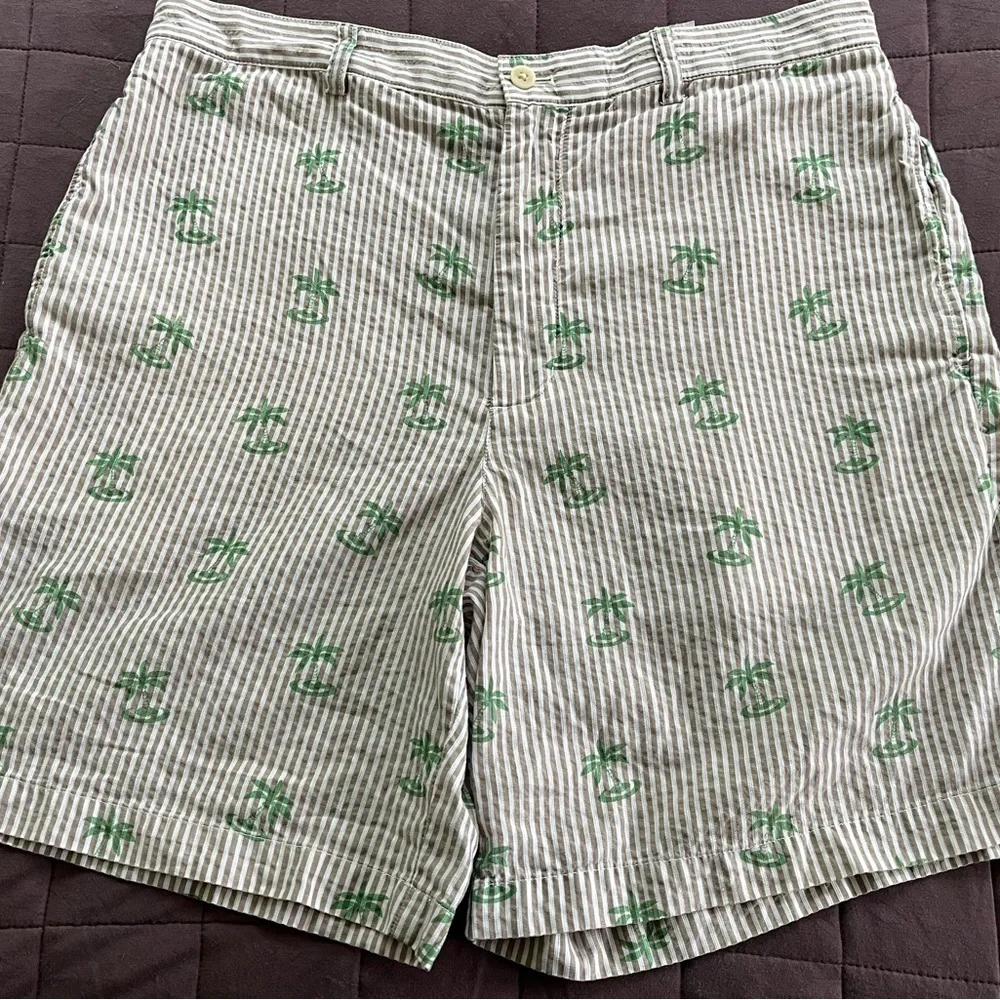 Vineyard Vines Linen Blend Club Shorts Brown White Striped Palm Trees Size 34 - Picture 2 of 10